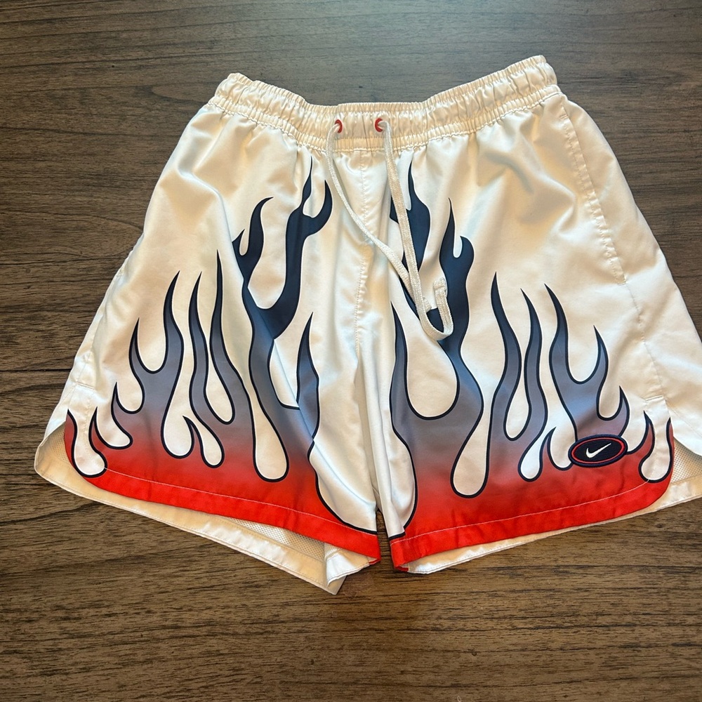 Nike White and Red Flame Athletic Shorts